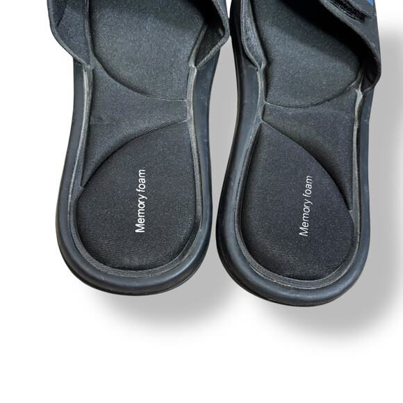 Black Memory Foam Slide Sandals With Blue Stripes Velcro Strap Unisex Size Large - Picture 4 of 6